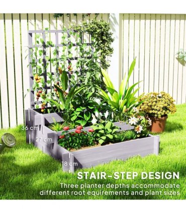 Outsunny 3 Tier Garden Planters with Trellis for Vine Climbing, Wooden Raised Beds, 95x95x110cm, Grey