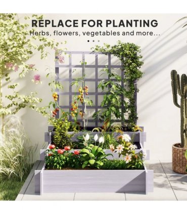 Outsunny 3 Tier Garden Planters with Trellis for Vine Climbing, Wooden Raised Beds, 95x95x110cm, Grey