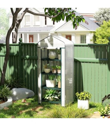 Outsunny 4 Tier Mini Portable Greenhouse Compact Plant Grow Shed Metal Frame PE Cover with Lockable Rolling Wheels, White