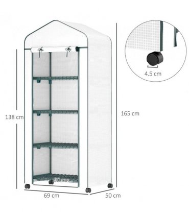 Outsunny 4 Tier Mini Portable Greenhouse Compact Plant Grow Shed Metal Frame PE Cover with Lockable Rolling Wheels, White