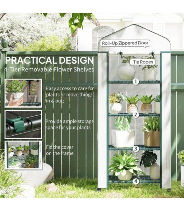 Outsunny 4 Tier Mini Portable Greenhouse Compact Plant Grow Shed Metal Frame PE Cover with Lockable Rolling Wheels, White