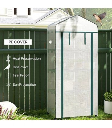 Outsunny 4 Tier Mini Portable Greenhouse Compact Plant Grow Shed Metal Frame PE Cover with Lockable Rolling Wheels, White