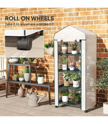 Outsunny 4 Tier Mini Portable Greenhouse Compact Plant Grow Shed Metal Frame PE Cover with Lockable Rolling Wheels, White