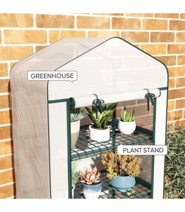 Outsunny 4 Tier Mini Portable Greenhouse Compact Plant Grow Shed Metal Frame PE Cover with Lockable Rolling Wheels, White