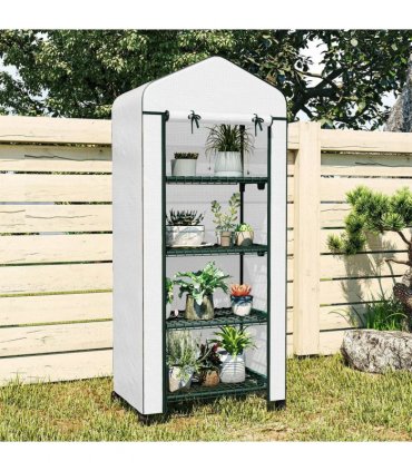 Outsunny 4 Tier Mini Portable Greenhouse Compact Plant Grow Shed Metal Frame PE Cover with Lockable Rolling Wheels, White