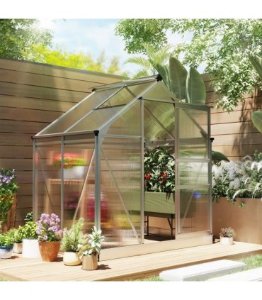 Outsunny Polycarbonate Greenhouse, Large Walk-In Green House with Slide Door and Window, Aluminium Frame, 6x4ft, Silver Tone