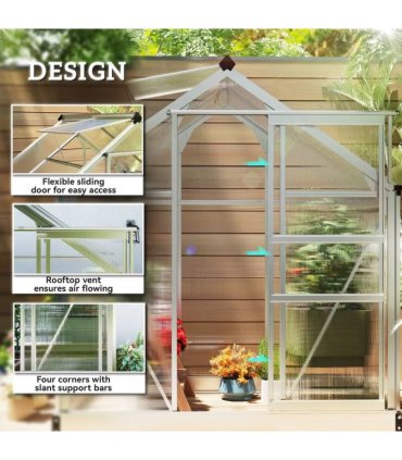Outsunny Polycarbonate Greenhouse, Large Walk-In Green House with Slide Door and Window, Aluminium Frame, 6x4ft, Silver Tone