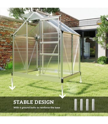 Outsunny Polycarbonate Greenhouse, Large Walk-In Green House with Slide Door and Window, Aluminium Frame, 6x4ft, Silver Tone