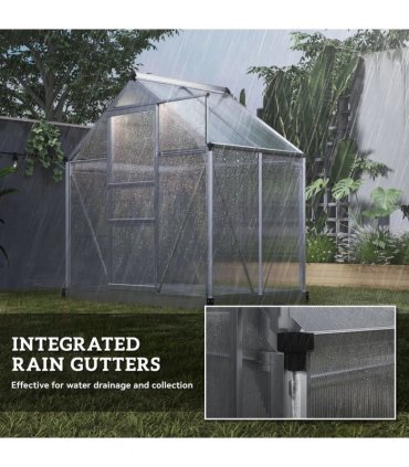 Outsunny Polycarbonate Greenhouse, Large Walk-In Green House with Slide Door and Window, Aluminium Frame, 6x4ft, Silver Tone