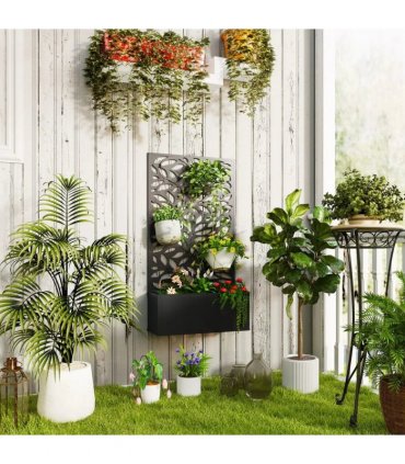Outsunny Outdoor Metal Planter, with Back Trellis - Black