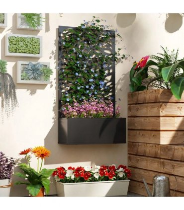 Outsunny Outdoor Metal Planter, with Back Trellis - Black