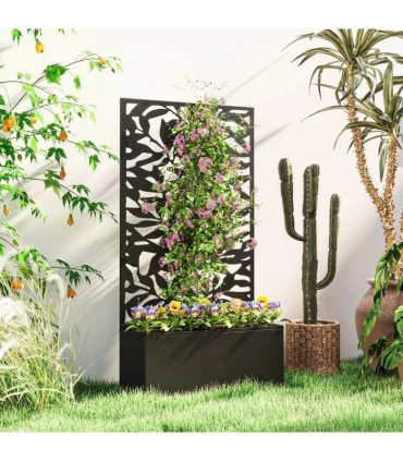 Outsunny Metal Garden Bed with Trellis, Wall Mounted or Freestanding Raised Planter with Privacy Panel, Black