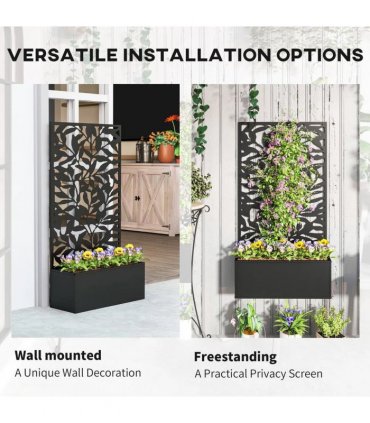 Outsunny Metal Garden Bed with Trellis, Wall Mounted or Freestanding Raised Planter with Privacy Panel, Black