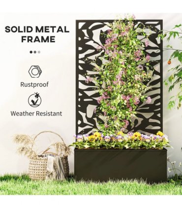 Outsunny Metal Garden Bed with Trellis, Wall Mounted or Freestanding Raised Planter with Privacy Panel, Black
