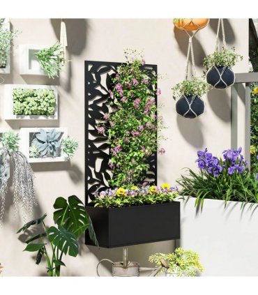 Outsunny Metal Garden Bed with Trellis, Wall Mounted or Freestanding Raised Planter with Privacy Panel, Black