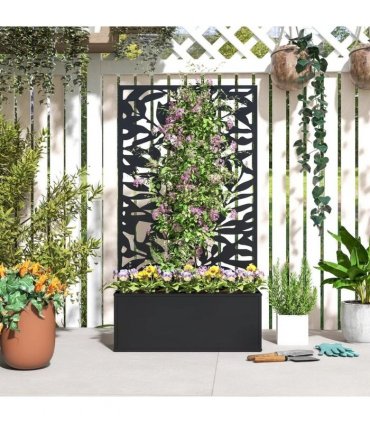 Outsunny Metal Garden Bed with Trellis, Wall Mounted or Freestanding Raised Planter with Privacy Panel, Black