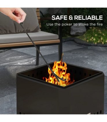 Outsunny Smokeless Fire Pit, 48 cm Portable Wood Burning Firepit, Square Metal Bonfire Stove with Poker, Black