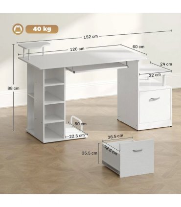 HOMCOM Computer Desk with Drawer Shelves CPU Storage Rack White