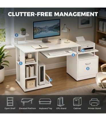 HOMCOM Computer Desk with Drawer Shelves CPU Storage Rack White