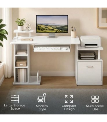 HOMCOM Computer Desk with Drawer Shelves CPU Storage Rack White