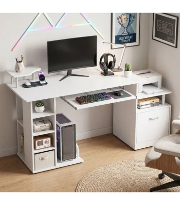 HOMCOM Computer Desk with Drawer Shelves CPU Storage Rack White