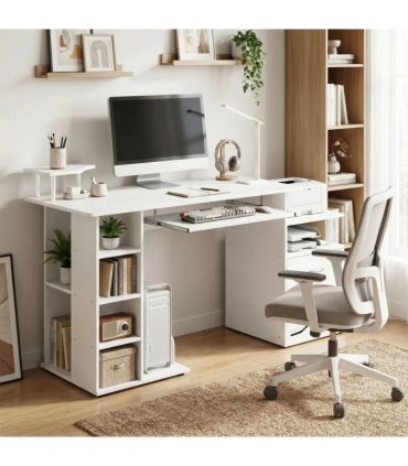 HOMCOM Computer Desk with Drawer Shelves CPU Storage Rack White