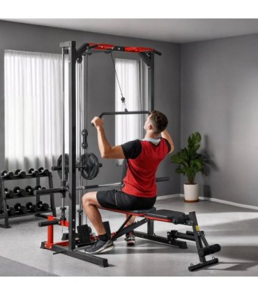 SPORTNOW Cable Crossover Machine, Multi-Function Power Rack with Pull Up Bar, Lat Pull Down System, Squat Rack, Barbell Bar