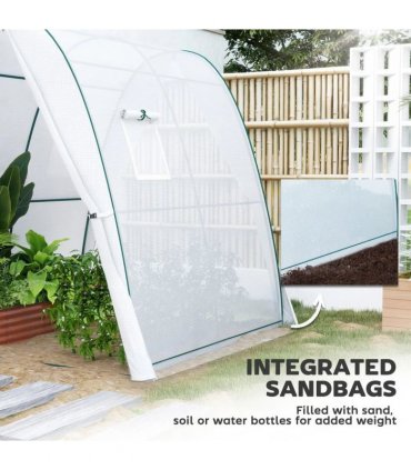 Outsunny Polytunnel Greenhouse with Sandbags, Walk-In Tunnel Green House with 2 Doors and Screen Windows, 1.8 x 1.8 x 2m, White
