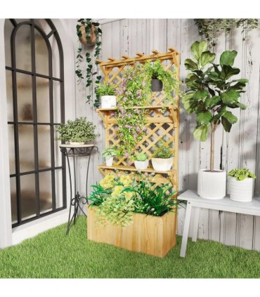 Outsunny 52L Wooden Planter, with Trellis and Shelves - Natural Finish