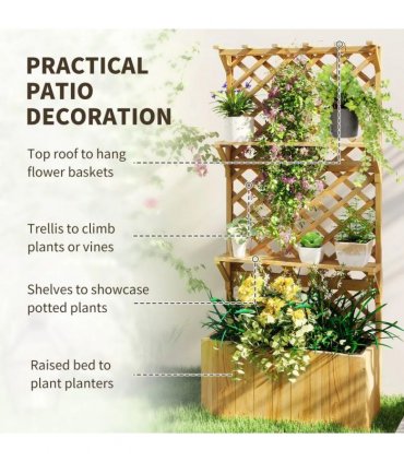 Outsunny 52L Wooden Planter, with Trellis and Shelves - Natural Finish