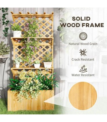 Outsunny 52L Wooden Planter, with Trellis and Shelves - Natural Finish
