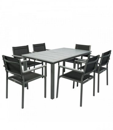 Outsunny Garden Dining Set with Acacia Wood Table Top, Outdoor Table and Stackable Chairs Set for 6 with Texteline Seat, Grey