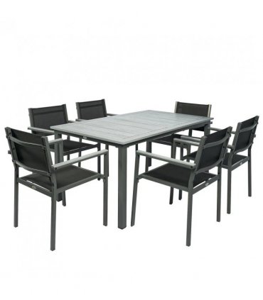 Outsunny Garden Dining Set with Acacia Wood Table Top, Outdoor Table and Stackable Chairs Set for 6 with Texteline Seat, Grey