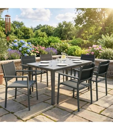 Outsunny Garden Dining Set with Acacia Wood Table Top, Outdoor Table and Stackable Chairs Set for 6 with Texteline Seat, Grey