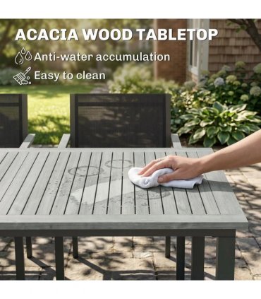 Outsunny Garden Dining Set with Acacia Wood Table Top, Outdoor Table and Stackable Chairs Set for 6 with Texteline Seat, Grey