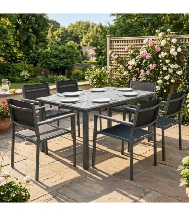 Outsunny Garden Dining Set with Acacia Wood Table Top, Outdoor Table and Stackable Chairs Set for 6 with Texteline Seat, Grey