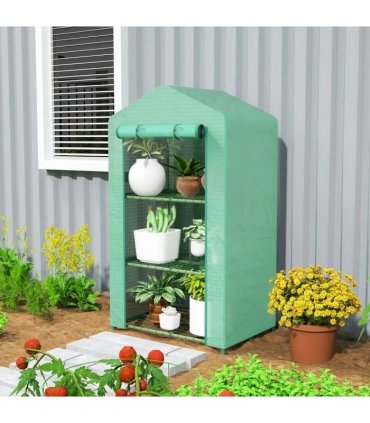 Outsunny 3 Tier Mini Greenhouse Portable Garden Grow House with Roll Up Door and Wire Shelves, 69 x 49 x 125 cm, Green