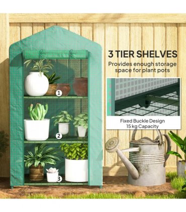 Outsunny 3 Tier Mini Greenhouse Portable Garden Grow House with Roll Up Door and Wire Shelves, 69 x 49 x 125 cm, Green