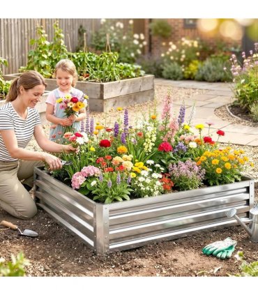 Outsunny Square Raised Garden Bed Box with Weatherized Steel Frame for Vegetables, Flowers, & Herbs, 120 x 120 x 30cm, Silver Tone