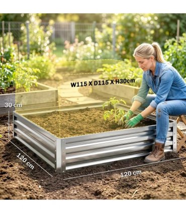 Outsunny Square Raised Garden Bed Box with Weatherized Steel Frame for Vegetables, Flowers, & Herbs, 120 x 120 x 30cm, Silver Tone