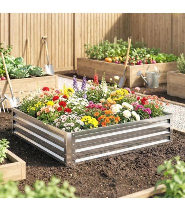 Outsunny Square Raised Garden Bed Box with Weatherized Steel Frame for Vegetables, Flowers, & Herbs, 120 x 120 x 30cm, Silver Tone