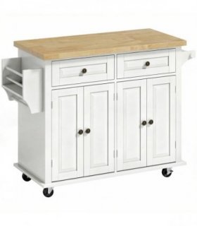 HOMCOM Kitchen Island on Wheels, Rolling Kitchen Storage Trolley with Rubber Wood Top, Drawers, Adjustable Shelves, Cream White