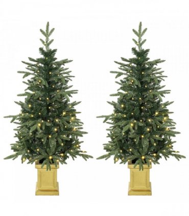 HOMCOM Set of 2 Prelit Christmas Trees with Dual-Colour LEDs, Remote, 4ft Artificial Aspen Fir Battery-Operated, 11 Modes, Pot