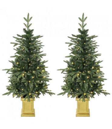 HOMCOM Set of 2 Prelit Christmas Trees with Dual-Colour LEDs, Remote, 4ft Artificial Aspen Fir Battery-Operated, 11 Modes, Pot