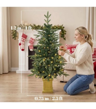 HOMCOM Set of 2 Prelit Christmas Trees with Dual-Colour LEDs, Remote, 4ft Artificial Aspen Fir Battery-Operated, 11 Modes, Pot
