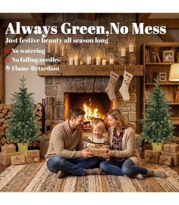 HOMCOM Set of 2 Prelit Christmas Trees with Dual-Colour LEDs, Remote, 4ft Artificial Aspen Fir Battery-Operated, 11 Modes, Pot