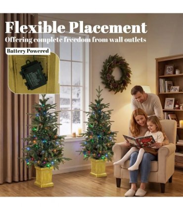 HOMCOM Set of 2 Prelit Christmas Trees with Dual-Colour LEDs, Remote, 4ft Artificial Aspen Fir Battery-Operated, 11 Modes, Pot