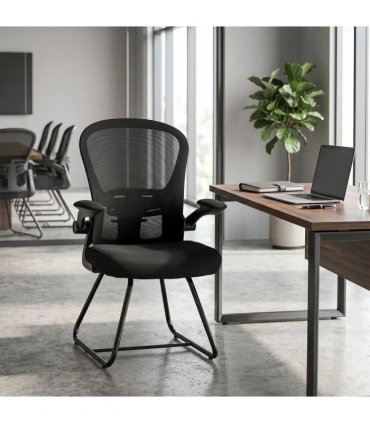 HOMCOM Reception Chair, Conference Meeting Office Chair with Flip-up Armrest, Mesh Backrest, Lumbar Support and Metal Base