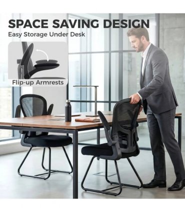 HOMCOM Reception Chair, Conference Meeting Office Chair with Flip-up Armrest, Mesh Backrest, Lumbar Support and Metal Base