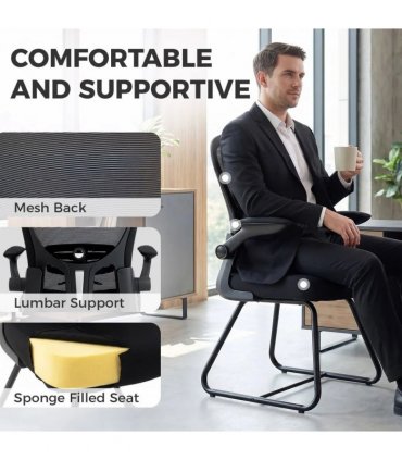 HOMCOM Reception Chair, Conference Meeting Office Chair with Flip-up Armrest, Mesh Backrest, Lumbar Support and Metal Base